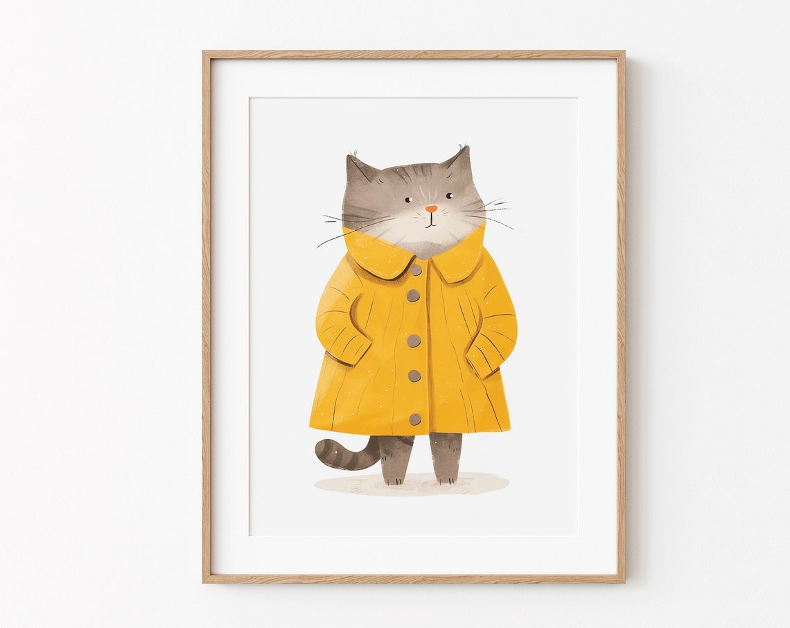 Grey Cat In Yellow Raincoat Poster Cute Nursery Illustration Art