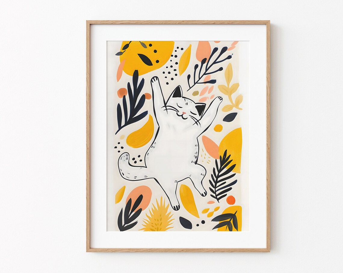 Joyful Dancing White Cat Among Autumn Leaves Gouache Illustration Poster