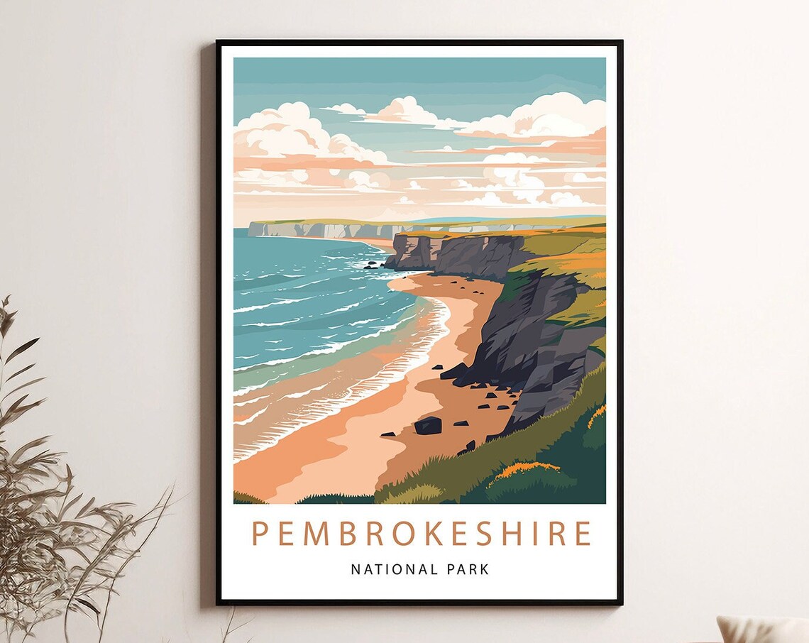 Pembrokeshire Coastal Cliffs Beach Wales National Park Travel Poster
