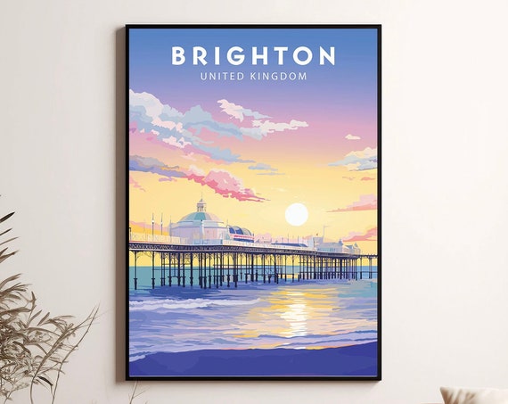 Brighton United Kingdom Palace Pier Sunset Cheerful Travel Poster