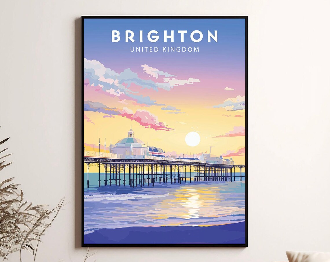 Brighton United Kingdom Palace Pier Sunset Cheerful Travel Poster