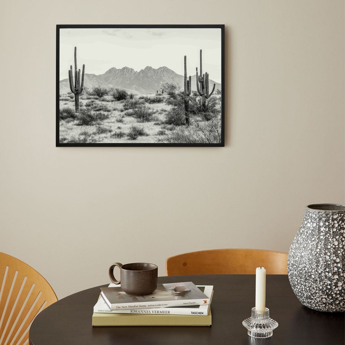 Saguaro Cactus Mountain Peaks Black And White Desert Photo Poster - Image 4