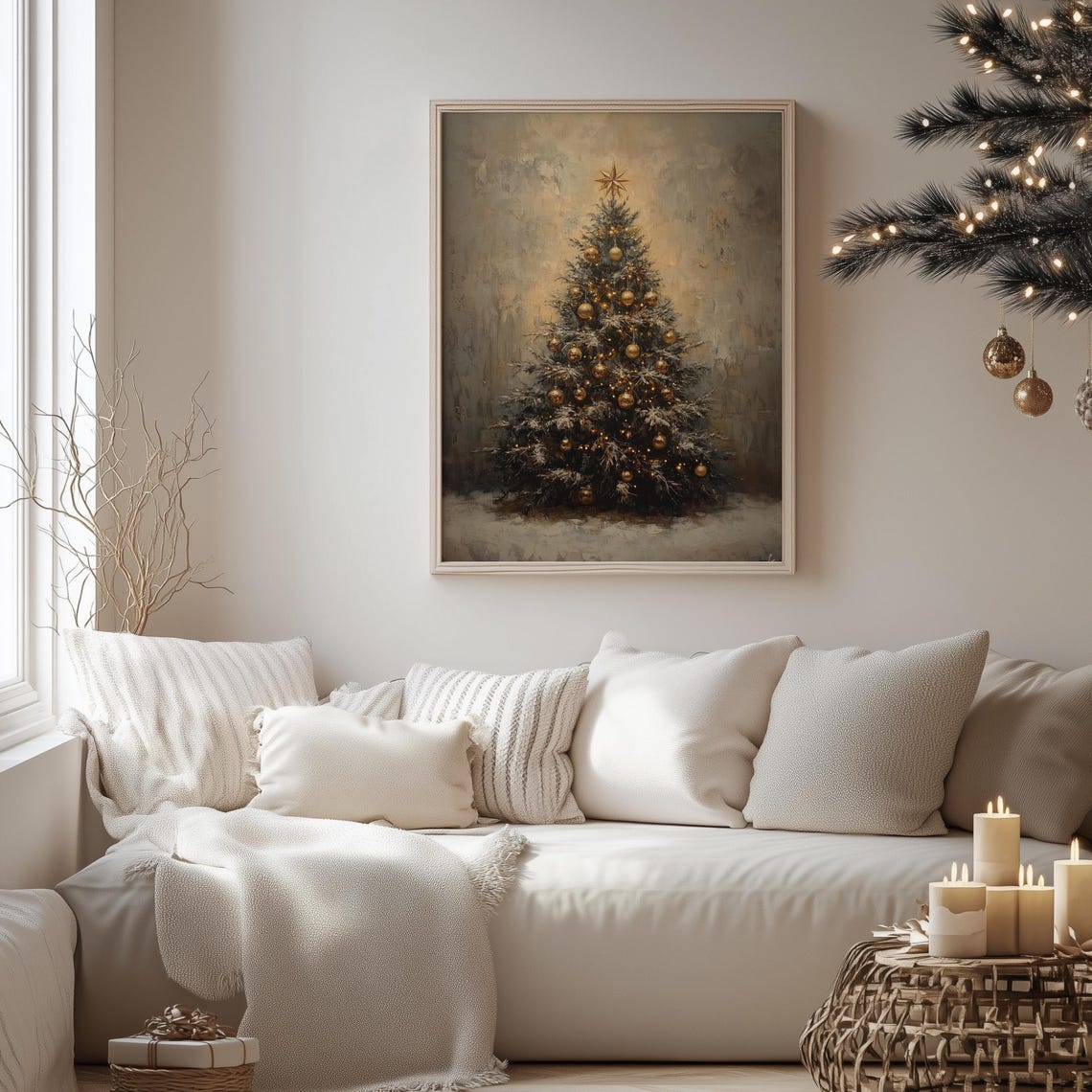 Snowy Christmas Tree Gold Baubles Moody Winter Holiday Poster - Image 4