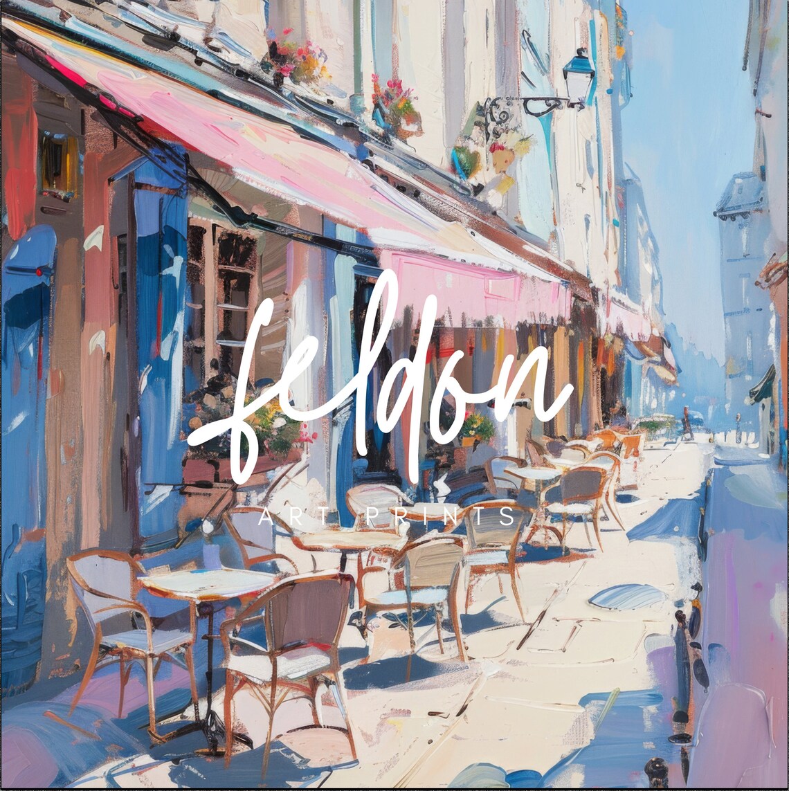 French Cafe Street Pink Awning Bistro Chairs Oil Painting Poster - Image 2