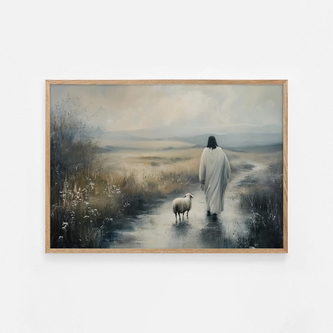 Jesus Good Shepherd with Lamb Misty Path Christian Art Poster