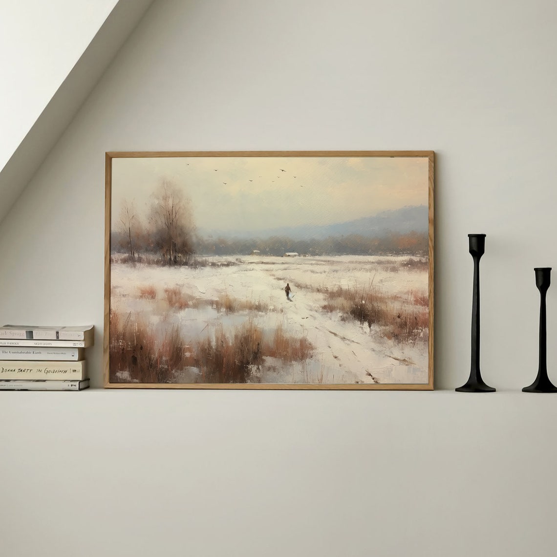 Winter Field Snowy Landscape Lone Walker Birds Painting Poster - Image 3