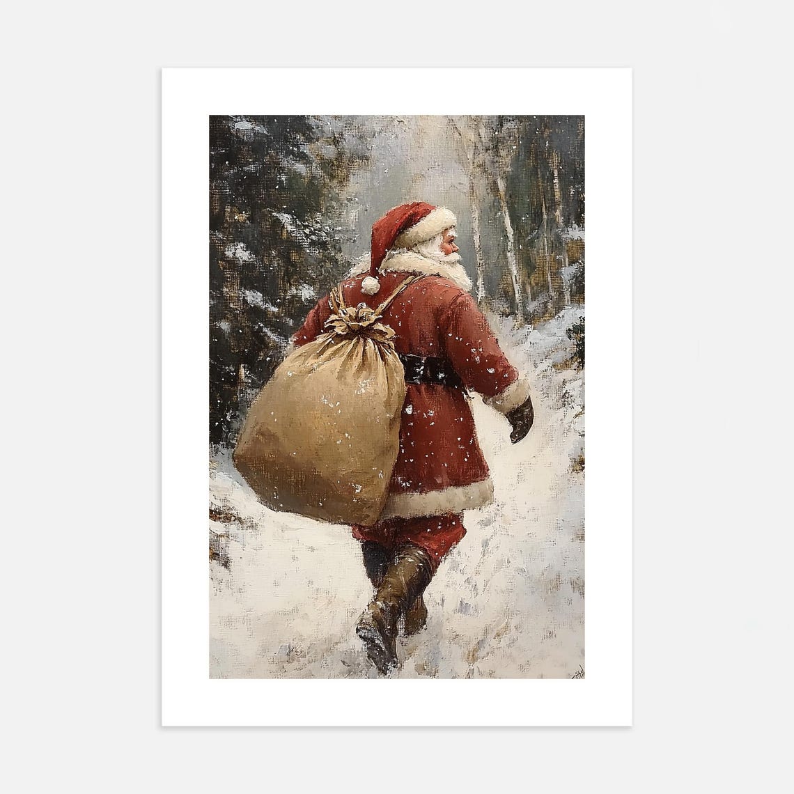 Santa Claus Walking Snowy Forest Vintage Christmas Painting Poster - Image 2