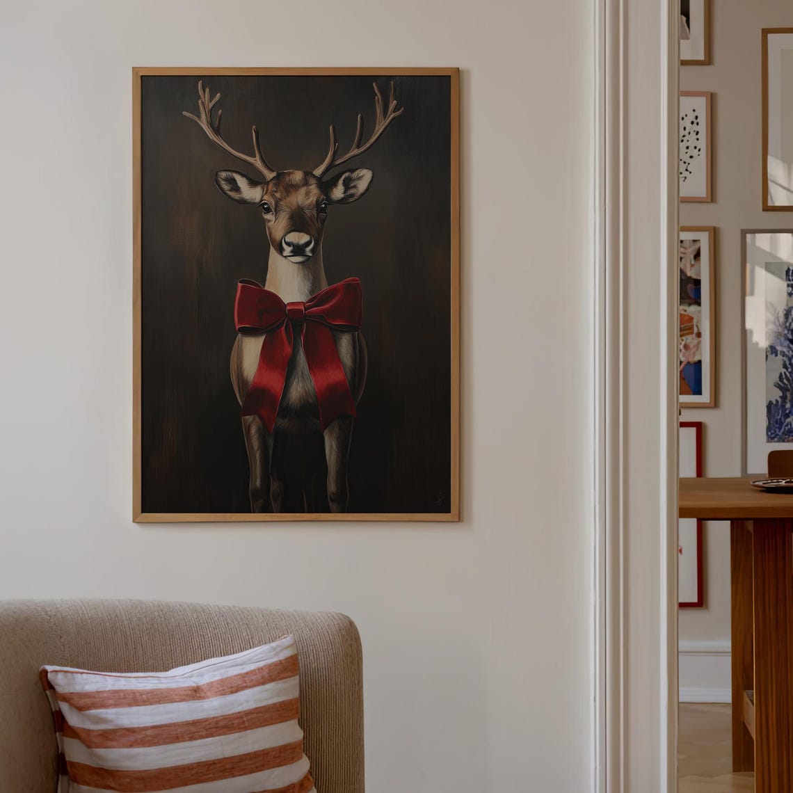 Majestic Deer With Red Bow Dark Moody Winter Portrait Art Poster - Image 3