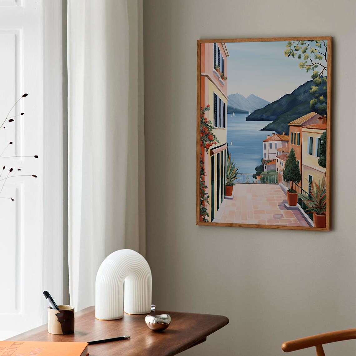 Italian Lakeside Town Terrace Pastel Buildings Sailboats Travel Poster - Image 3