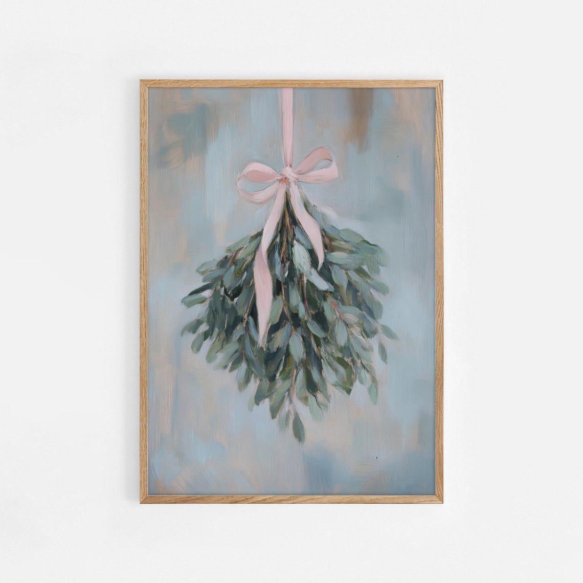 Hanging Mistletoe With Pink Ribbon Poster Soft Blue Christmas Art