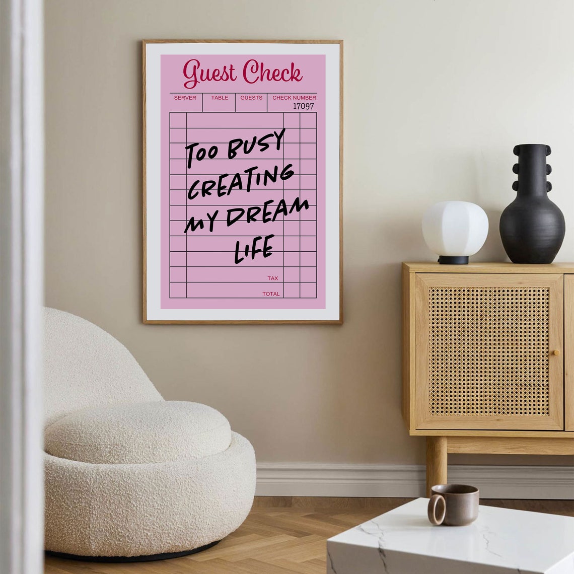Too Busy Creating My Dream Life Pink Guest Check Retro Quote Poster - Image 2