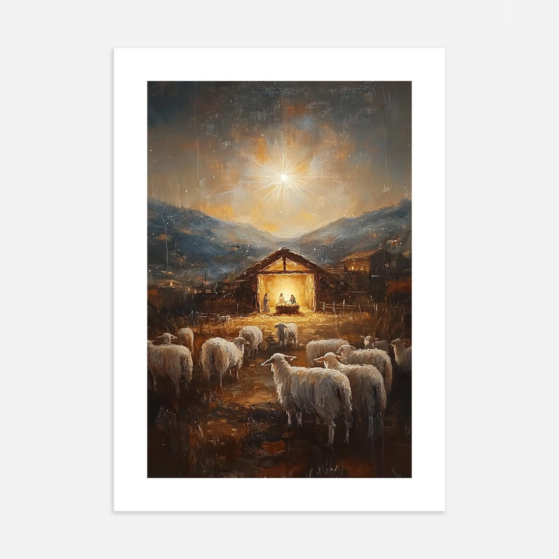 Shepherds and Sheep Nativity Stable Starry Night Christmas Poster - Image 2