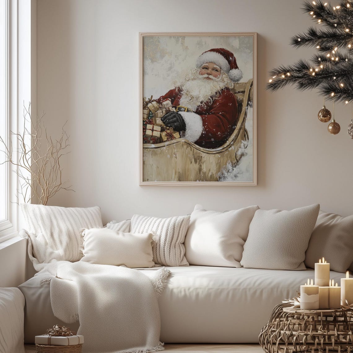 Jolly Santa Claus With Gifts Sleigh Vintage Christmas Painting Poster - Image 4