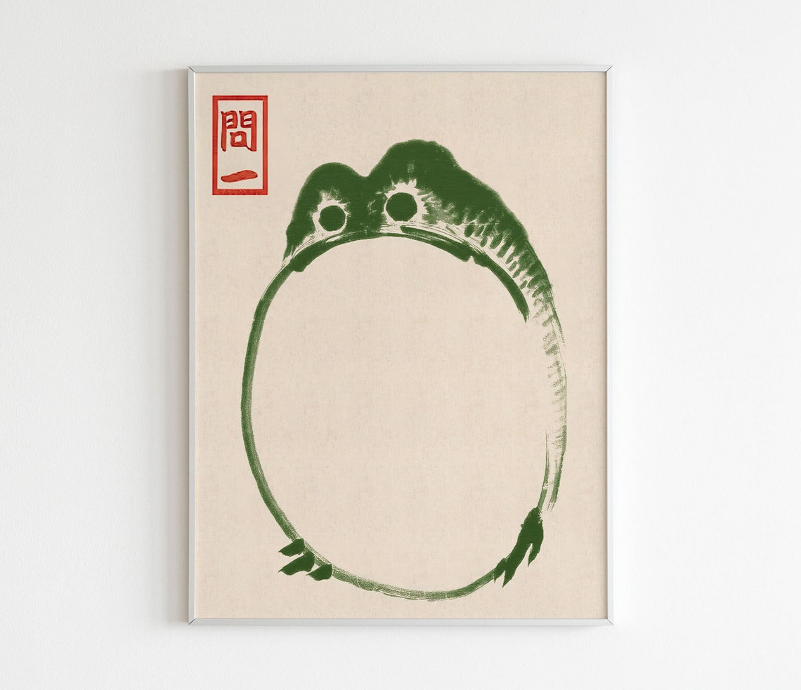 Japanese Vintage Round Frog Woodblock Red Seal Ink Art Poster