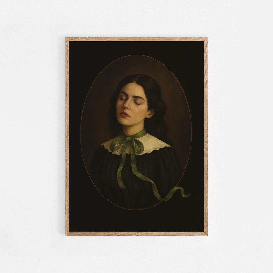 Woman With Green Ribbon Dark Gothic Vintage Portrait Oil Painting Wall Art