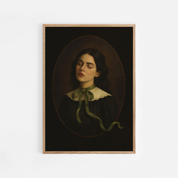 Woman With Green Ribbon Dark Gothic Vintage Portrait Oil Painting Wall Art