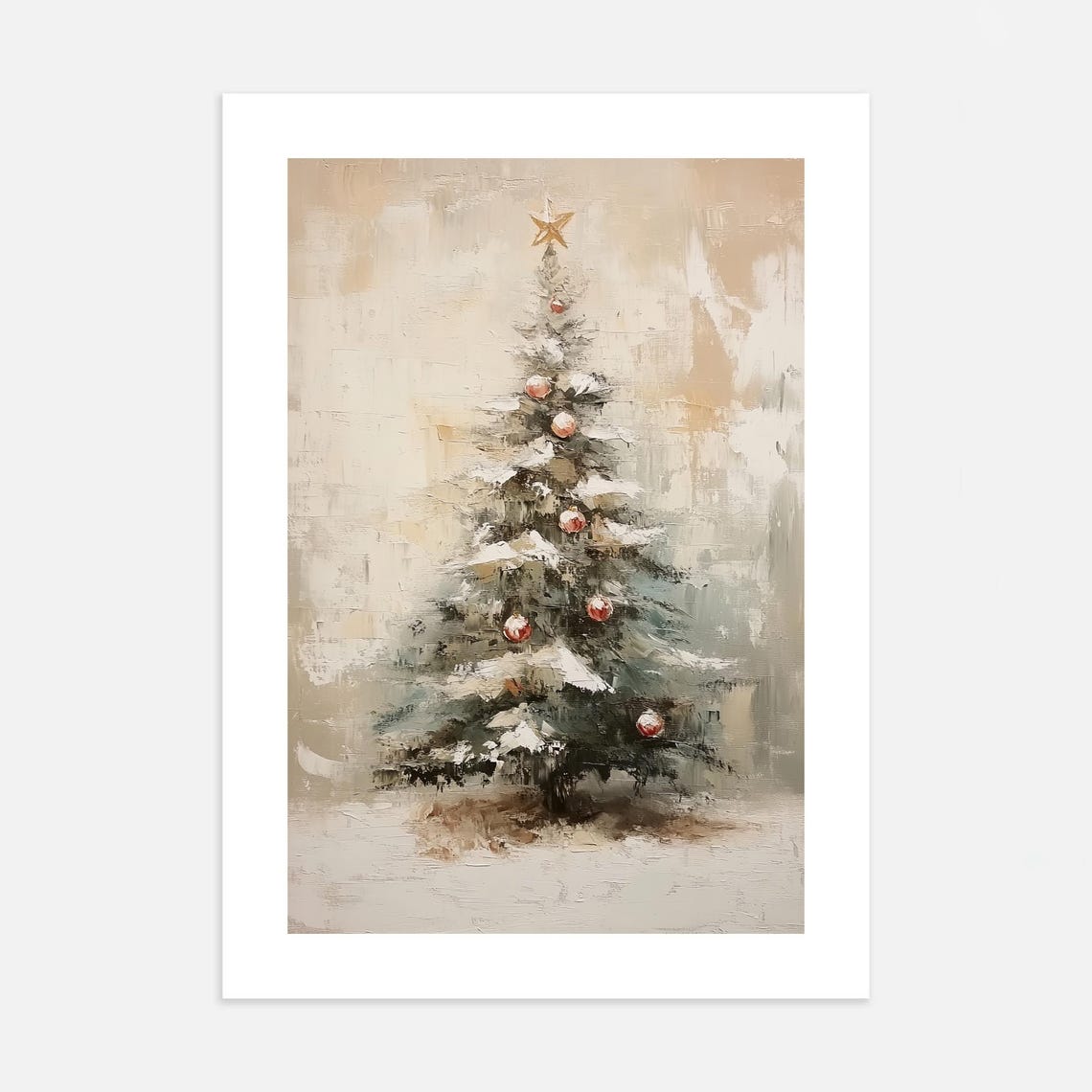 Neutral Snowy Christmas Tree Gold Star Topper Holiday Art Poster - Image 3