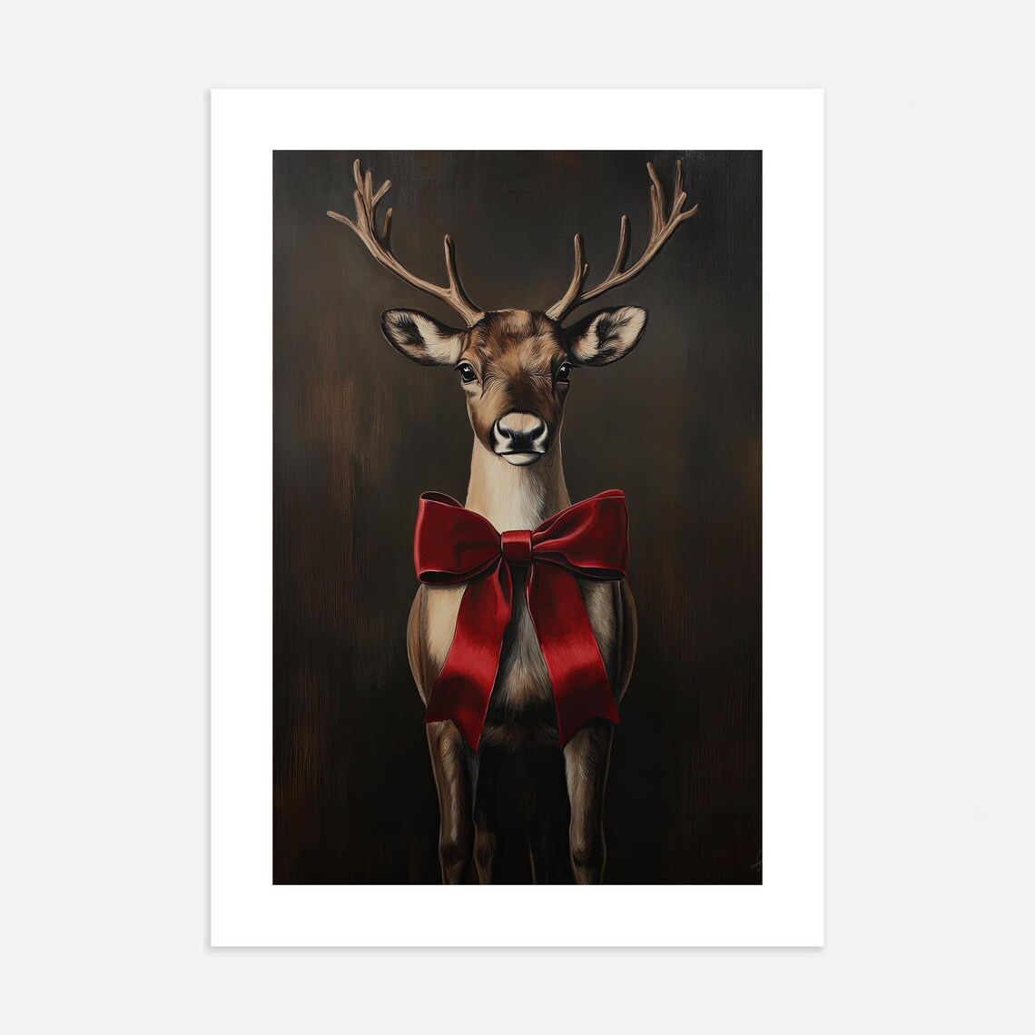 Majestic Deer With Red Bow Dark Moody Winter Portrait Art Poster - Image 2