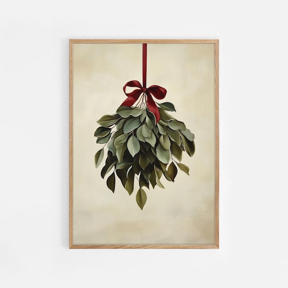 Vintage Mistletoe Red Bow Cream Background Holiday Art Poster