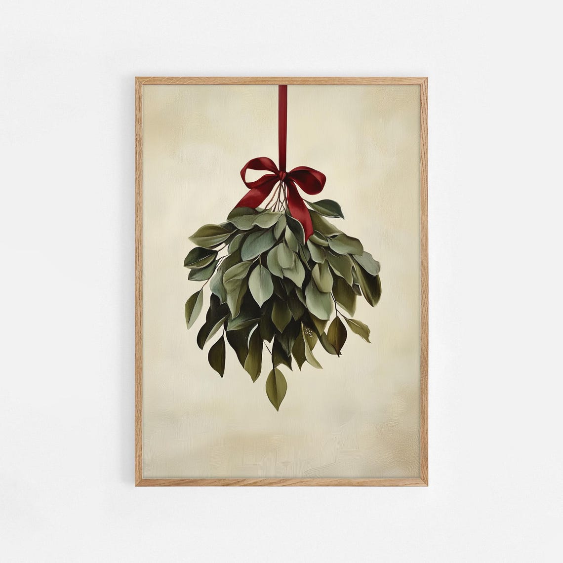 Vintage Mistletoe Red Bow Cream Background Holiday Art Poster