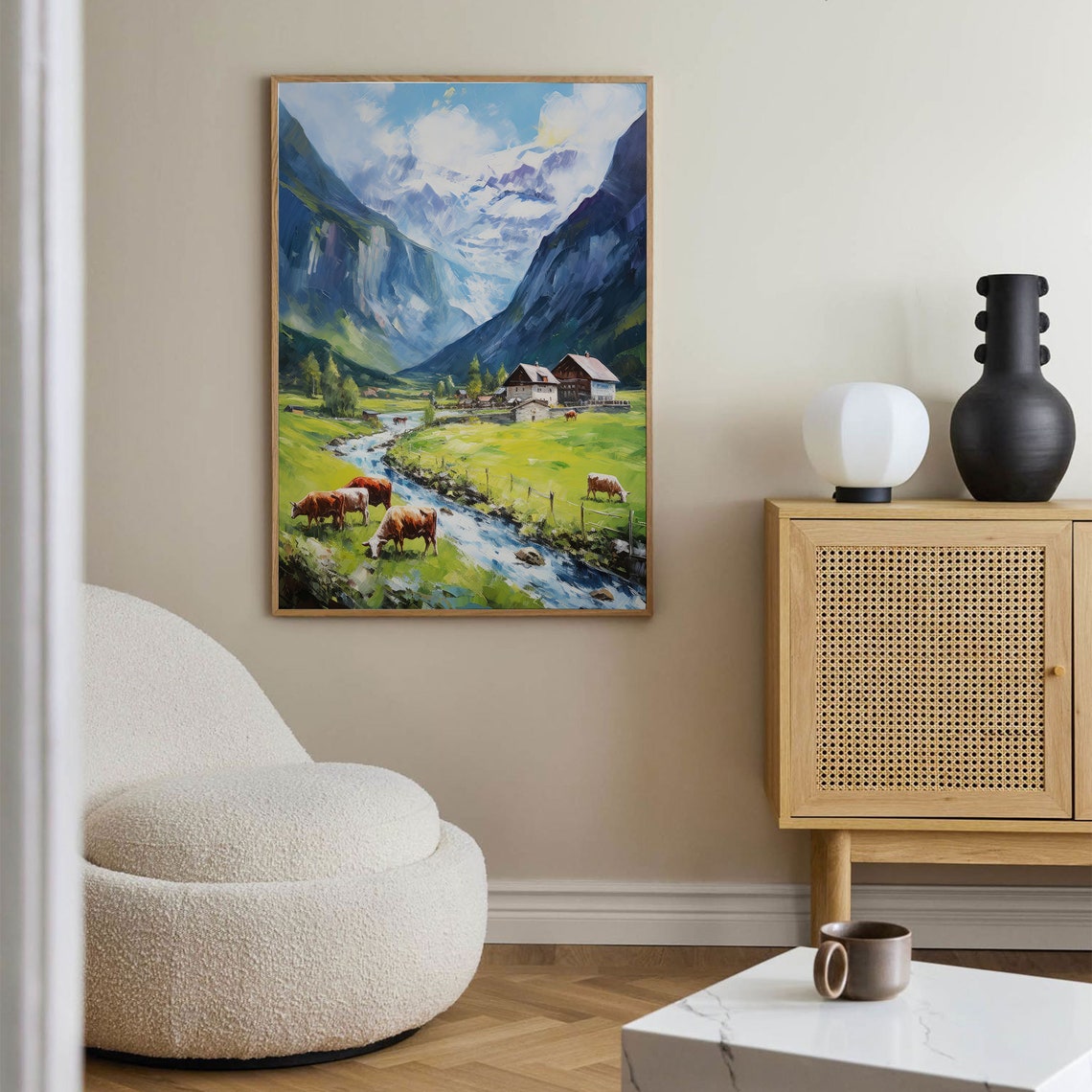 Swiss Alps Valley Cows Chalet Stream Mountain Landscape Poster - Image 3