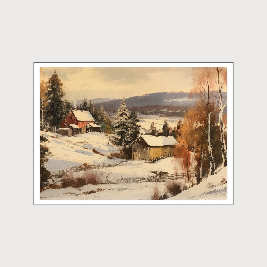 Snowy Red Barn Winter Countryside Vintage Landscape Wall Art - Image 2