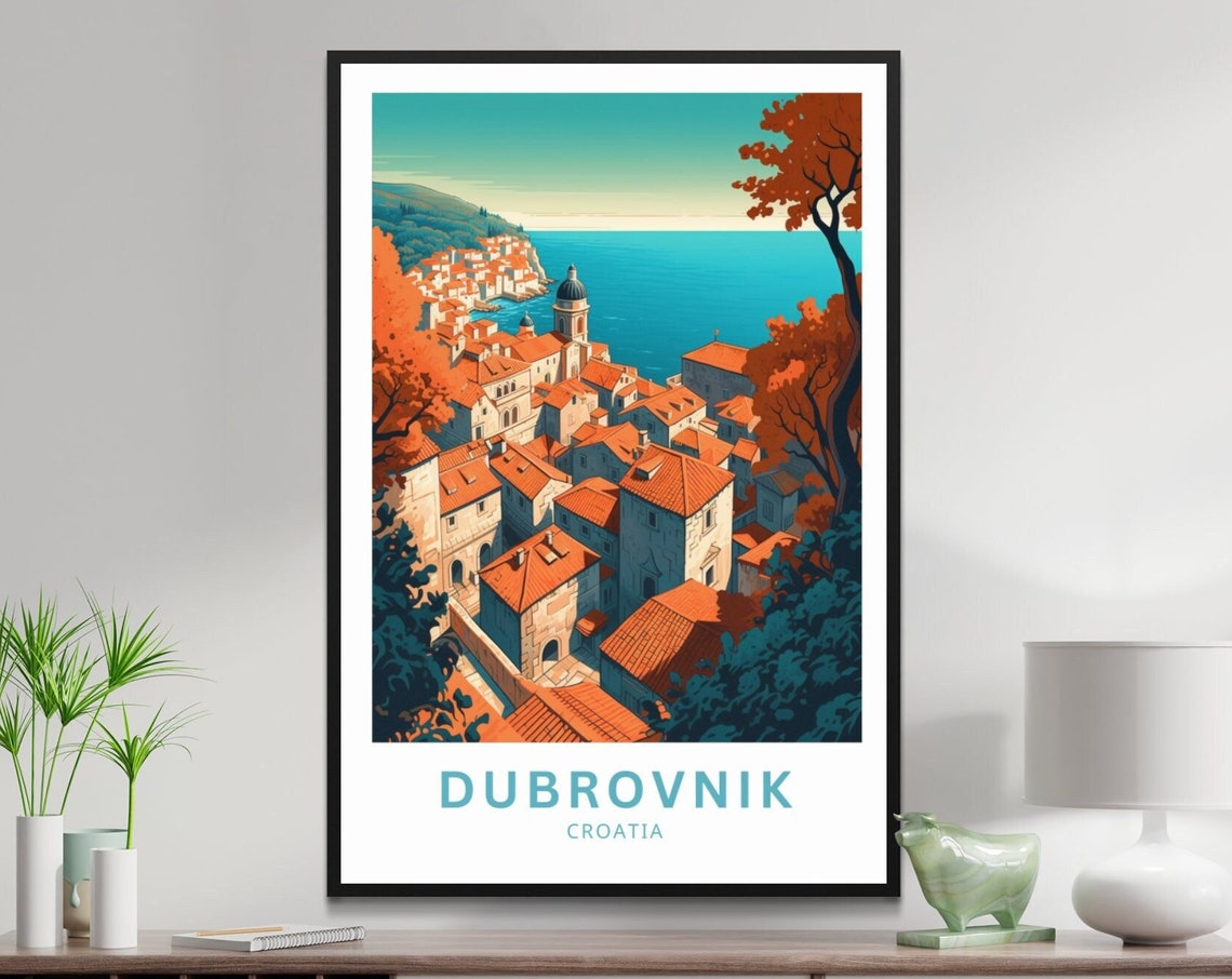 Dubrovnik Croatia Old Town Red Rooftops Sea View Travel Poster