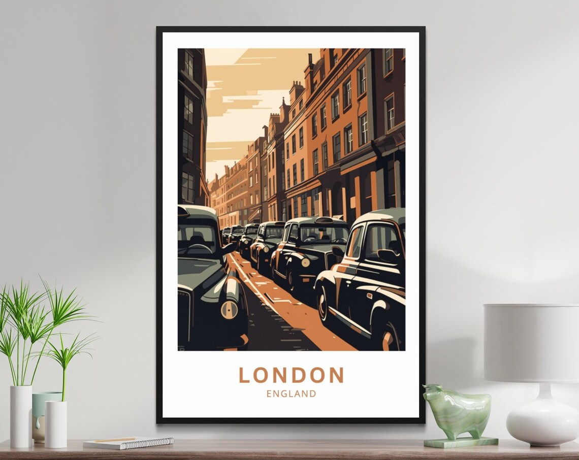 London England Black Cab Street Vintage Travel Illustration Poster