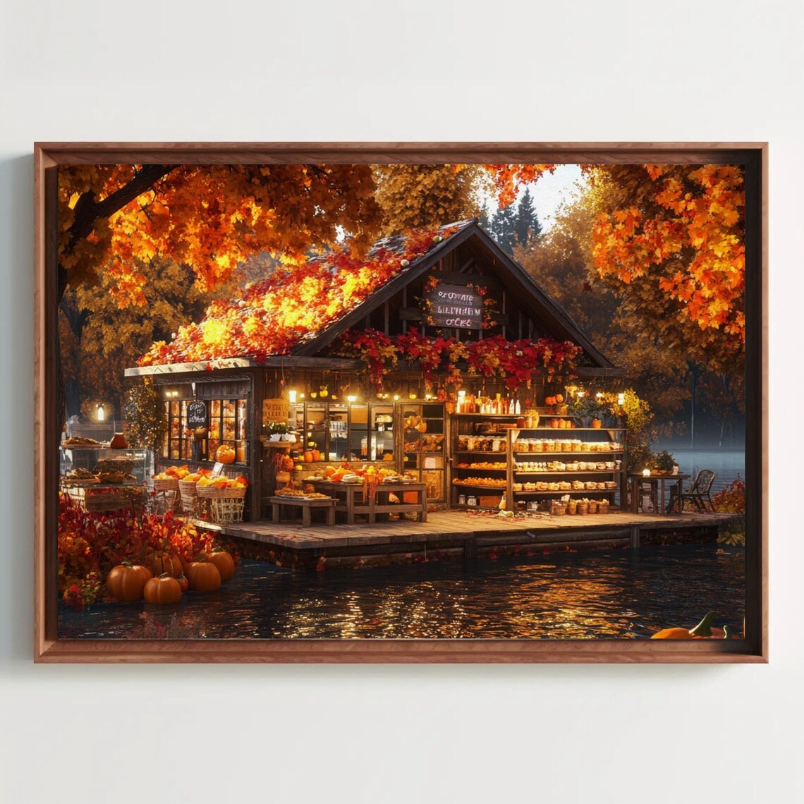 Autumn Lakeside Harvest Cabin Pumpkin Market at Golden Hour Poster