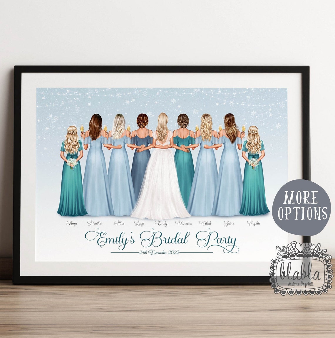 Personalised Winter Wedding Bridal Party Teal Dresses Portrait Poster