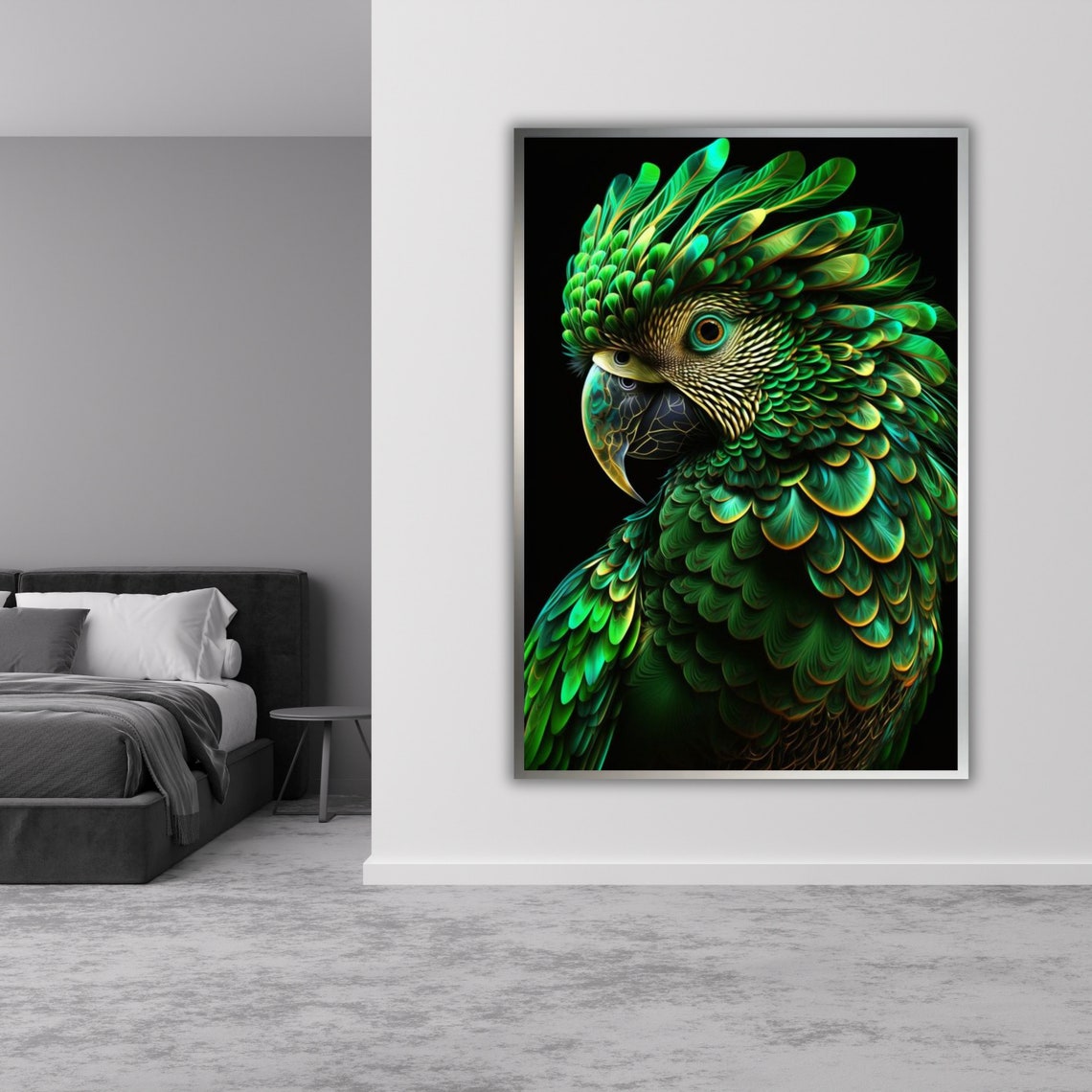 Vibrant Green Parrot Portrait Black Background Feather Art Poster - Image 3