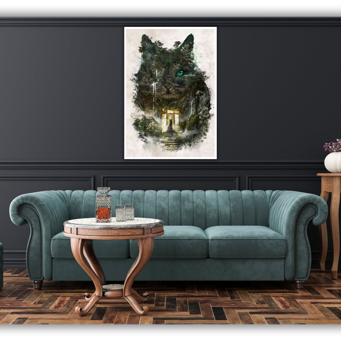 Forest Cat Double Exposure Green Eye Nature Fantasy Art Poster - Image 2