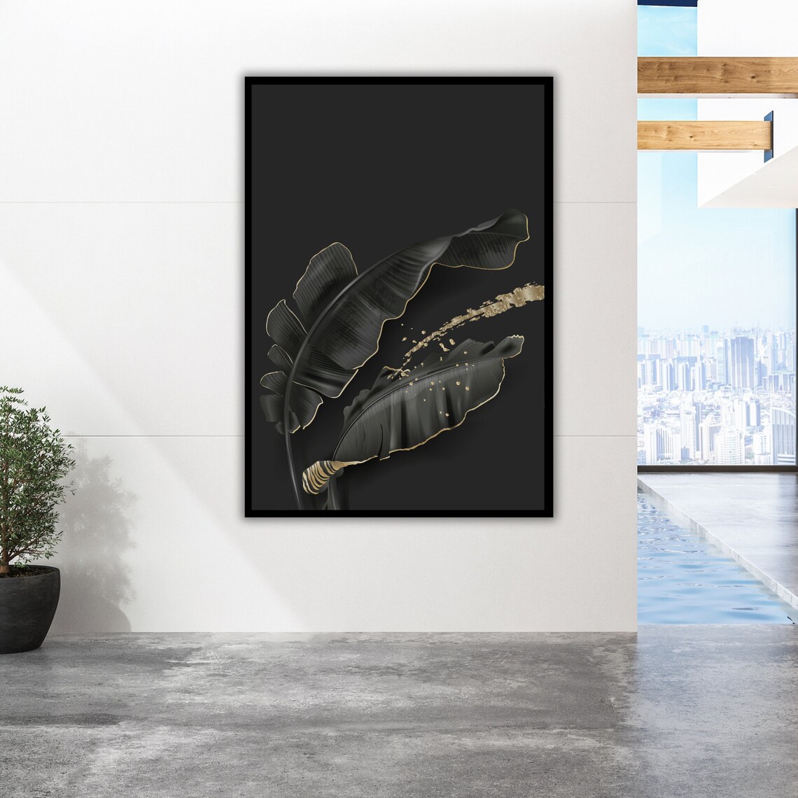 Black Tropical Banana Leaves Gold Edges Dark Botanical Art Poster - Image 5