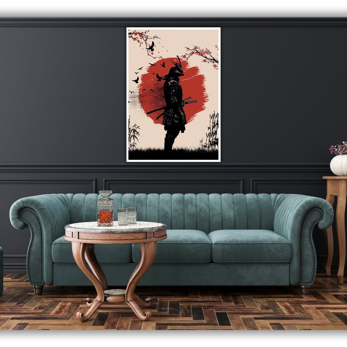 Samurai Silhouette Red Sun Cherry Blossom Japanese Warrior Poster - Image 3