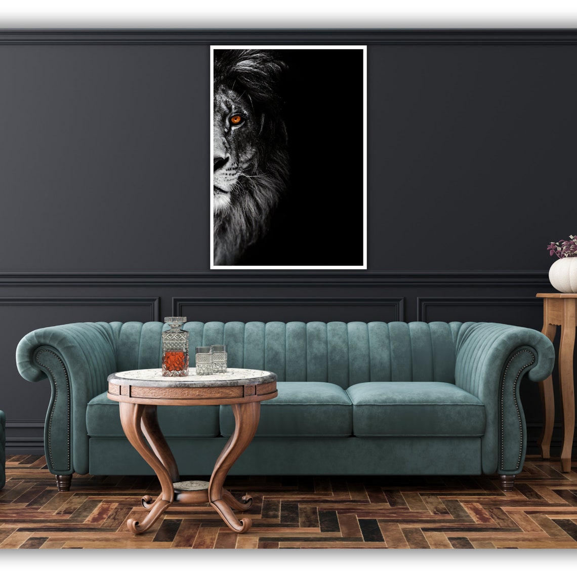 Lion Crimson Gaze Half Face Glowing Eye Dark Wildlife Art Poster - Image 2