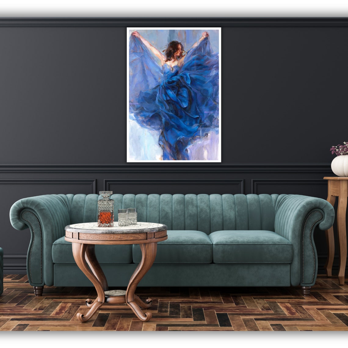 Blue Dress Flamenco Dancing Woman Print Ready To Hang Framed Wall Decor - Image 4