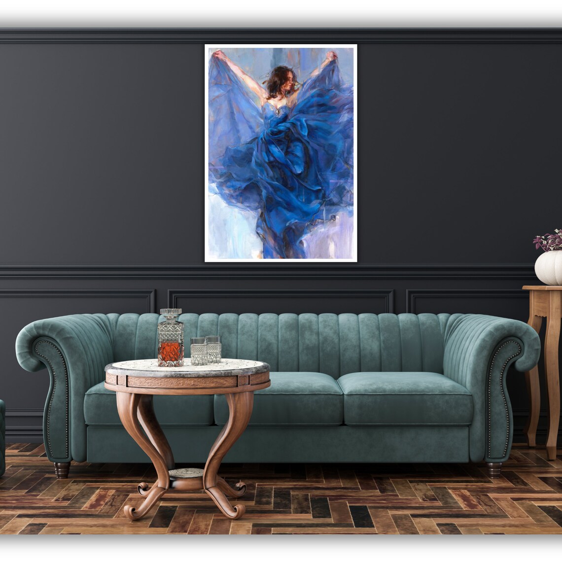 Woman In Flowing Blue Dress Dancing Flamenco Style Oil Painting Art Poster - Image 4
