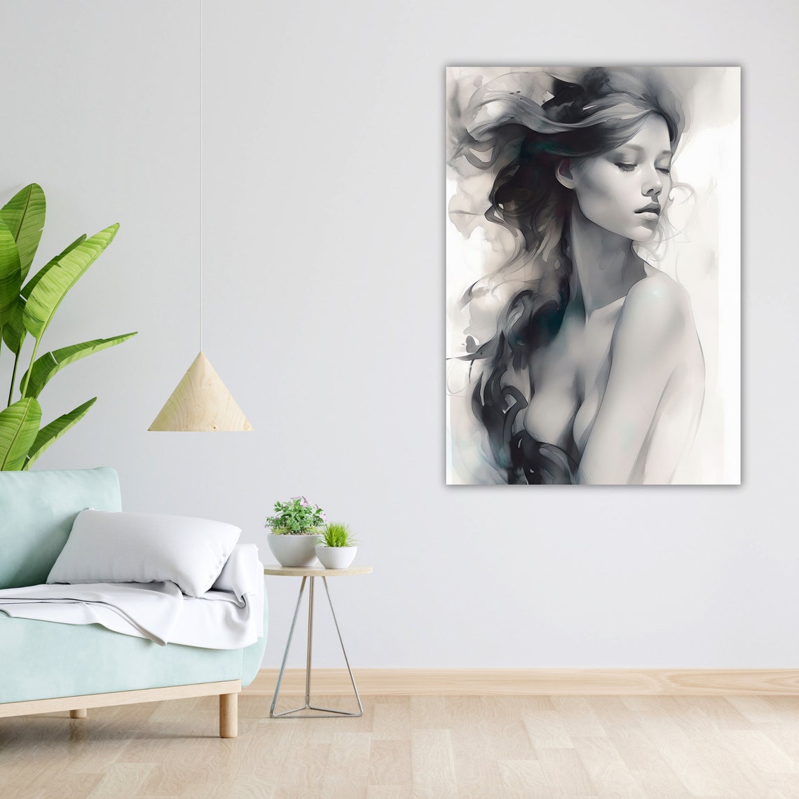 Black and White Watercolor Woman Portrait Flowing Hair Art Poster - Image 4