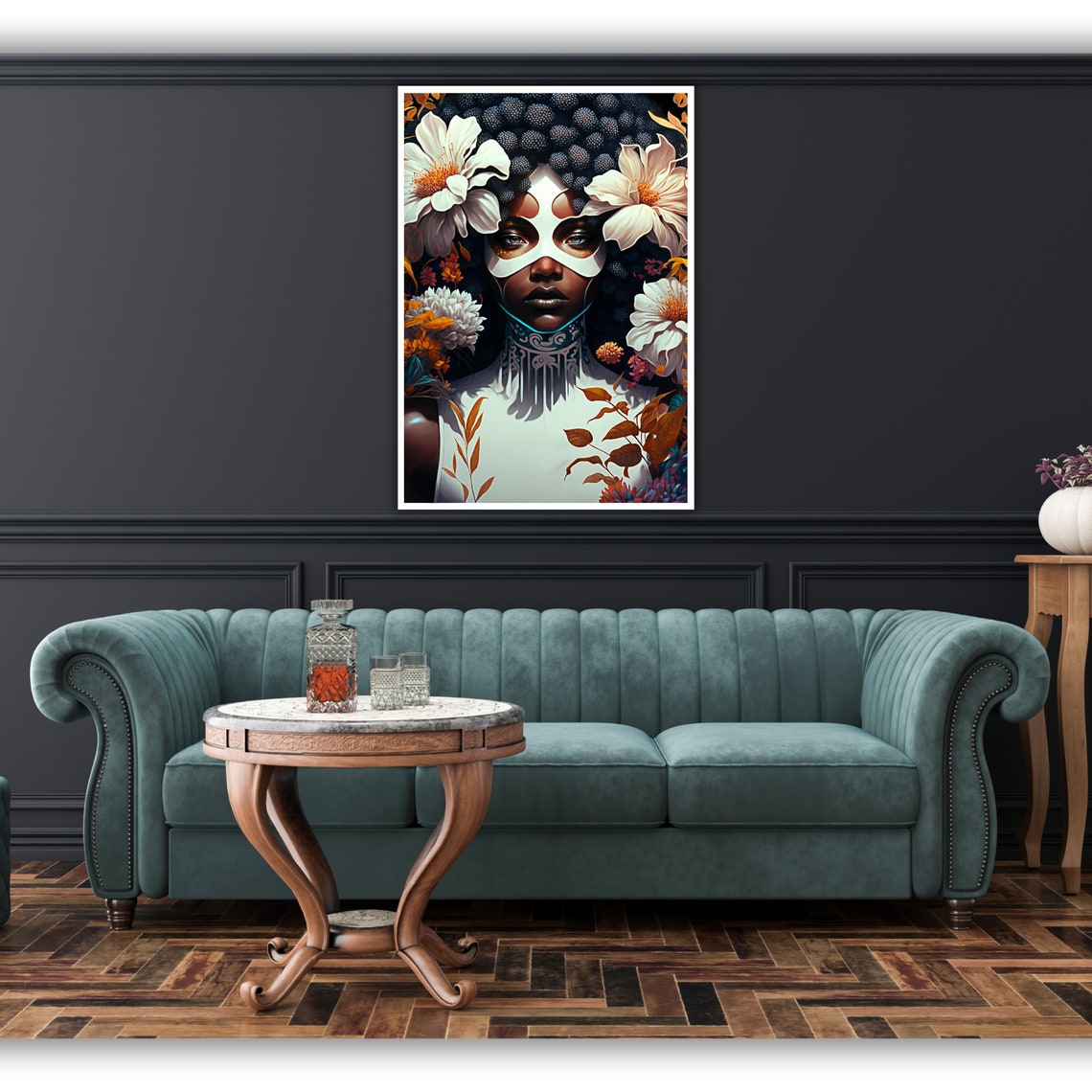 Tribal Face Paint African Woman Floral Afro Portrait Dramatic Wall Art - Image 5