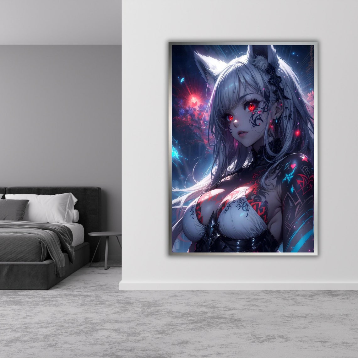 Digital Anime Cat Girl Silver Hair Red Eyes Cosmic Neon Art Poster - Image 3