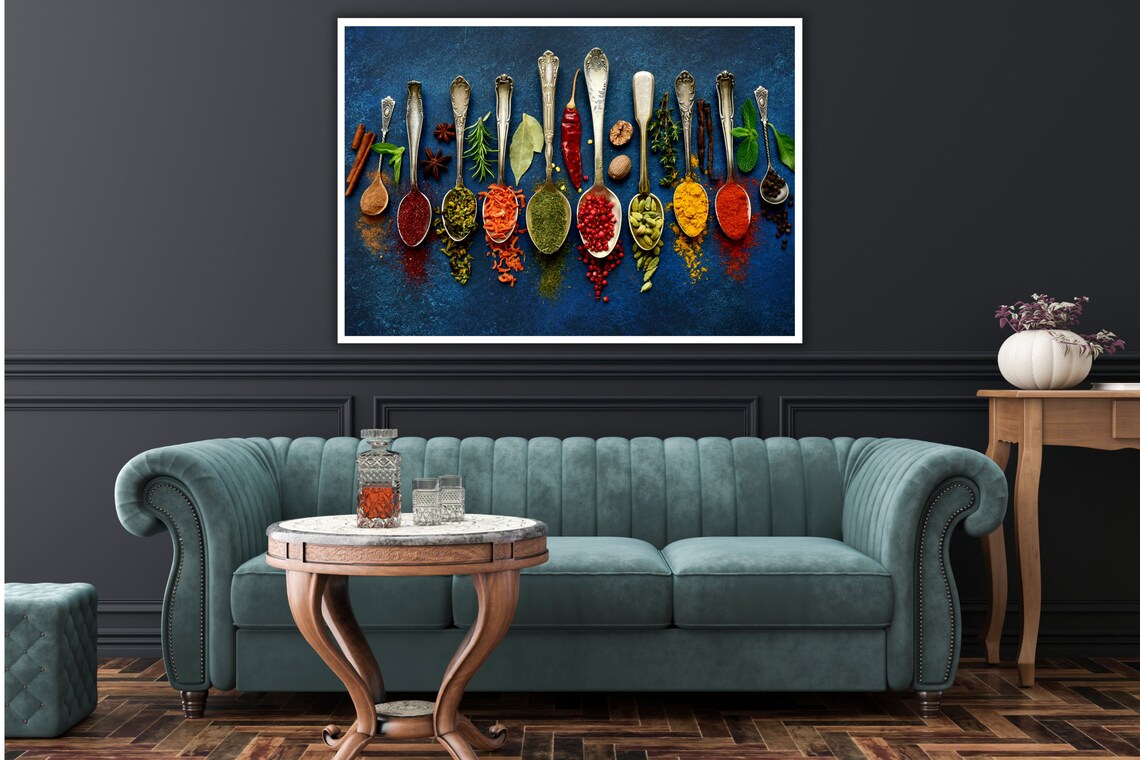 Colorful Spices In Spoons Dark Blue Kitchen Food Photography Poster - Image 5