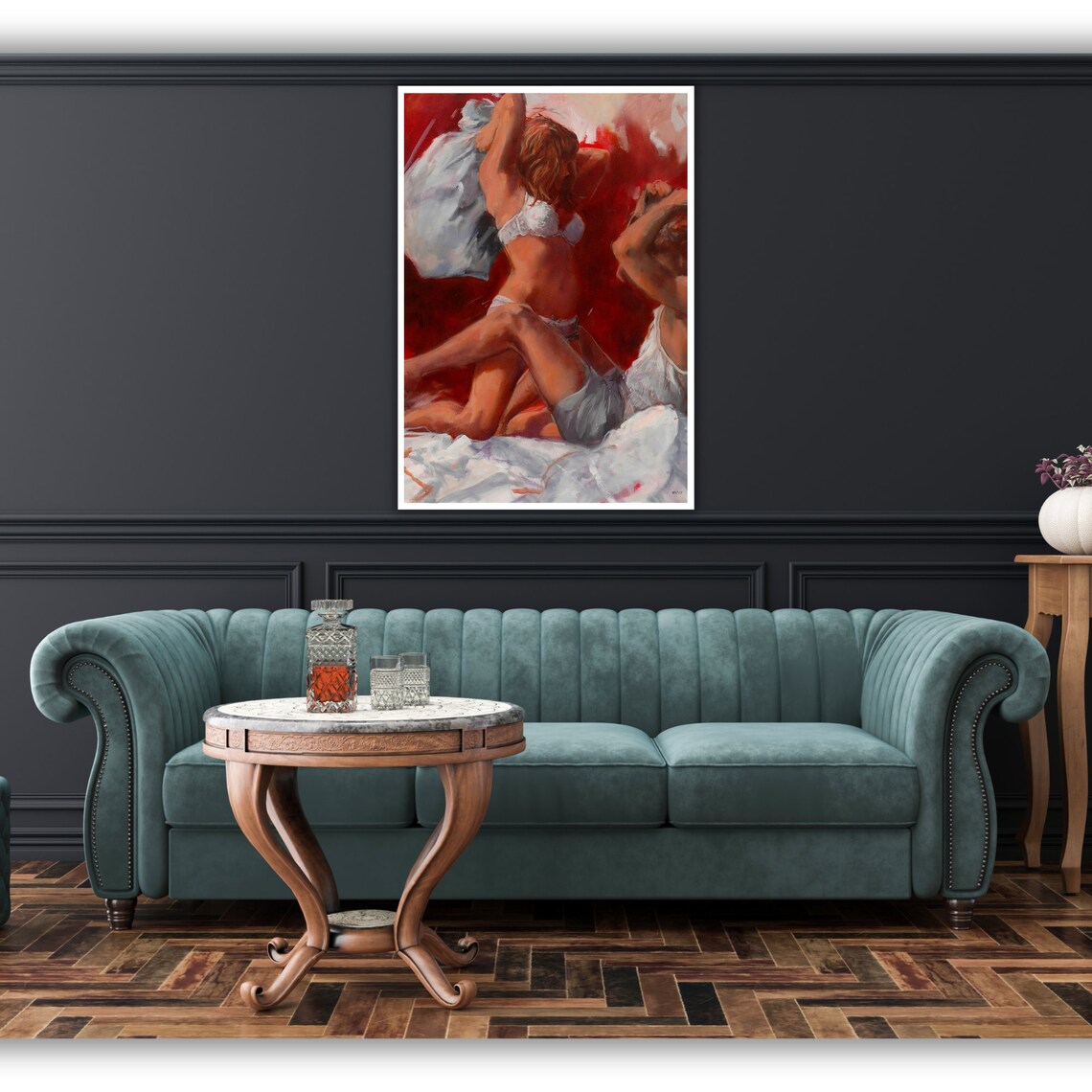 Pillow Fight Bedroom Oil Painting Playful Red Lingerie Art Poster - Image 5
