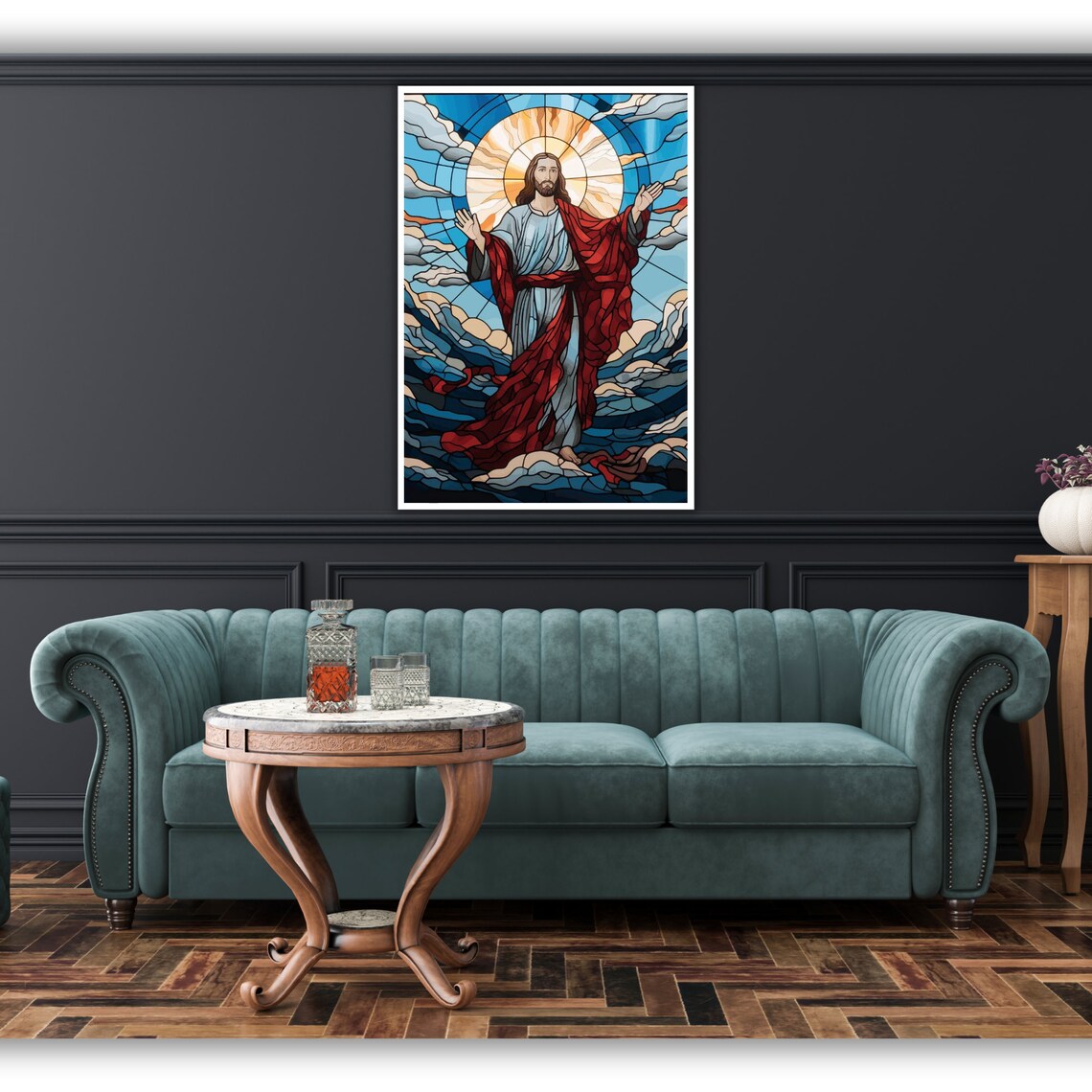 Jesus Christ Stained Glass Arms Open Red Robe Religious Art Poster - Image 5