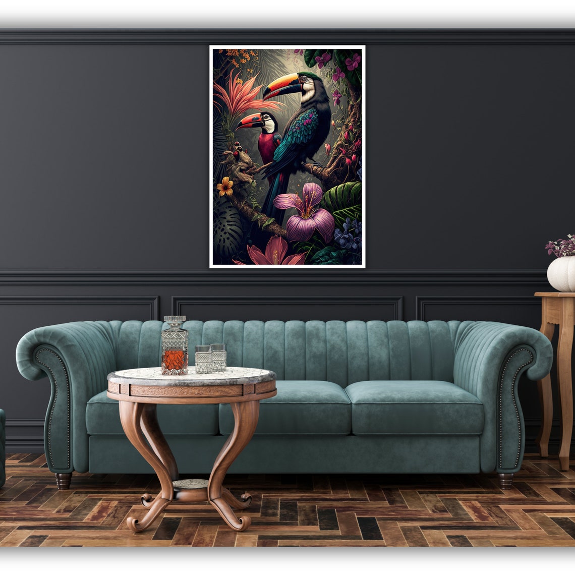 Two Toucans In Lush Tropical Jungle With Flowers Wildlife Art Poster - Image 2