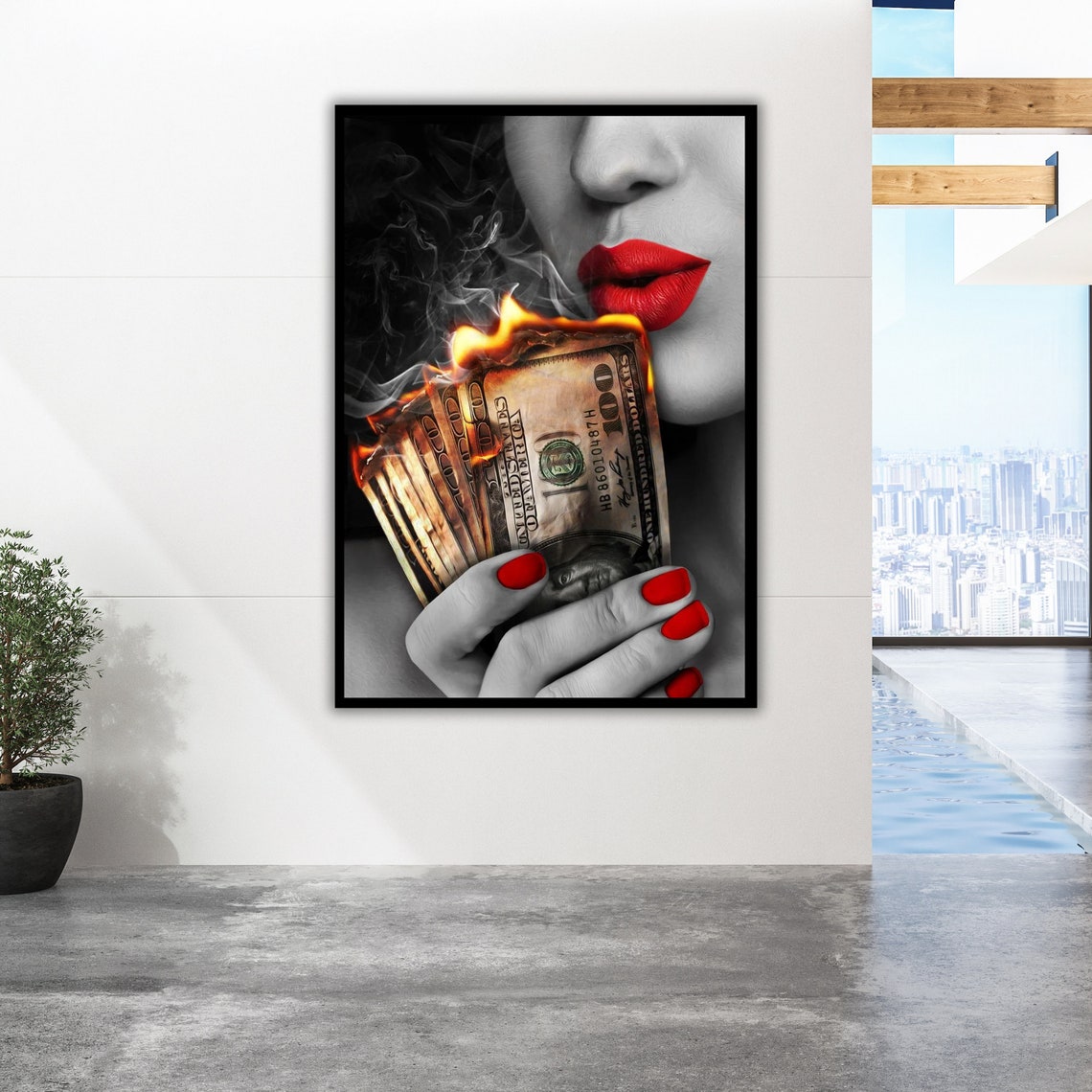 Woman Red Lips Burning Dollar Bills Smoke Pop Art Money Poster - Image 3