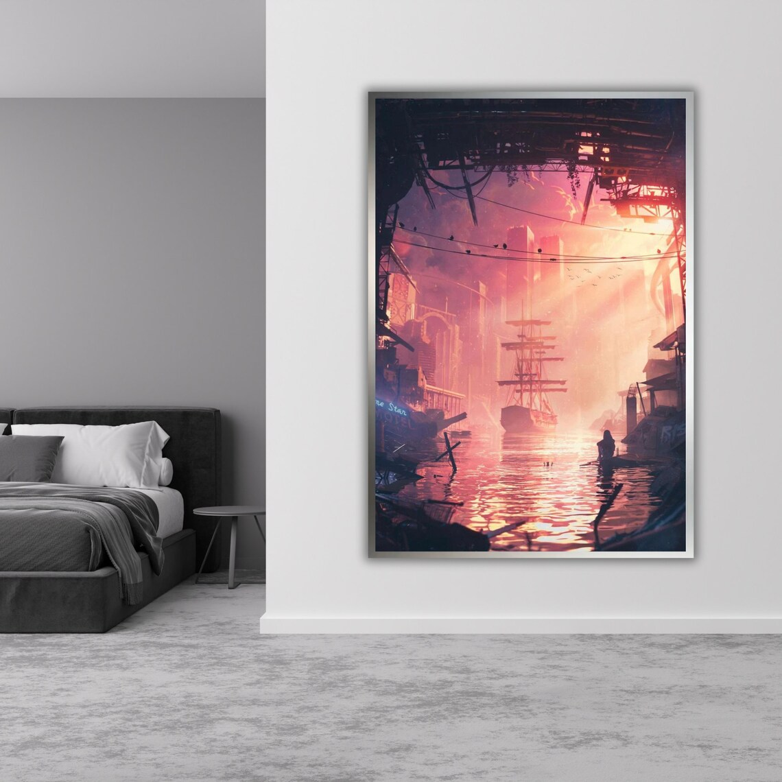 Dystopian Flooded Harbor Tall Ship Pink Sunset Cyberpunk City Poster - Image 4