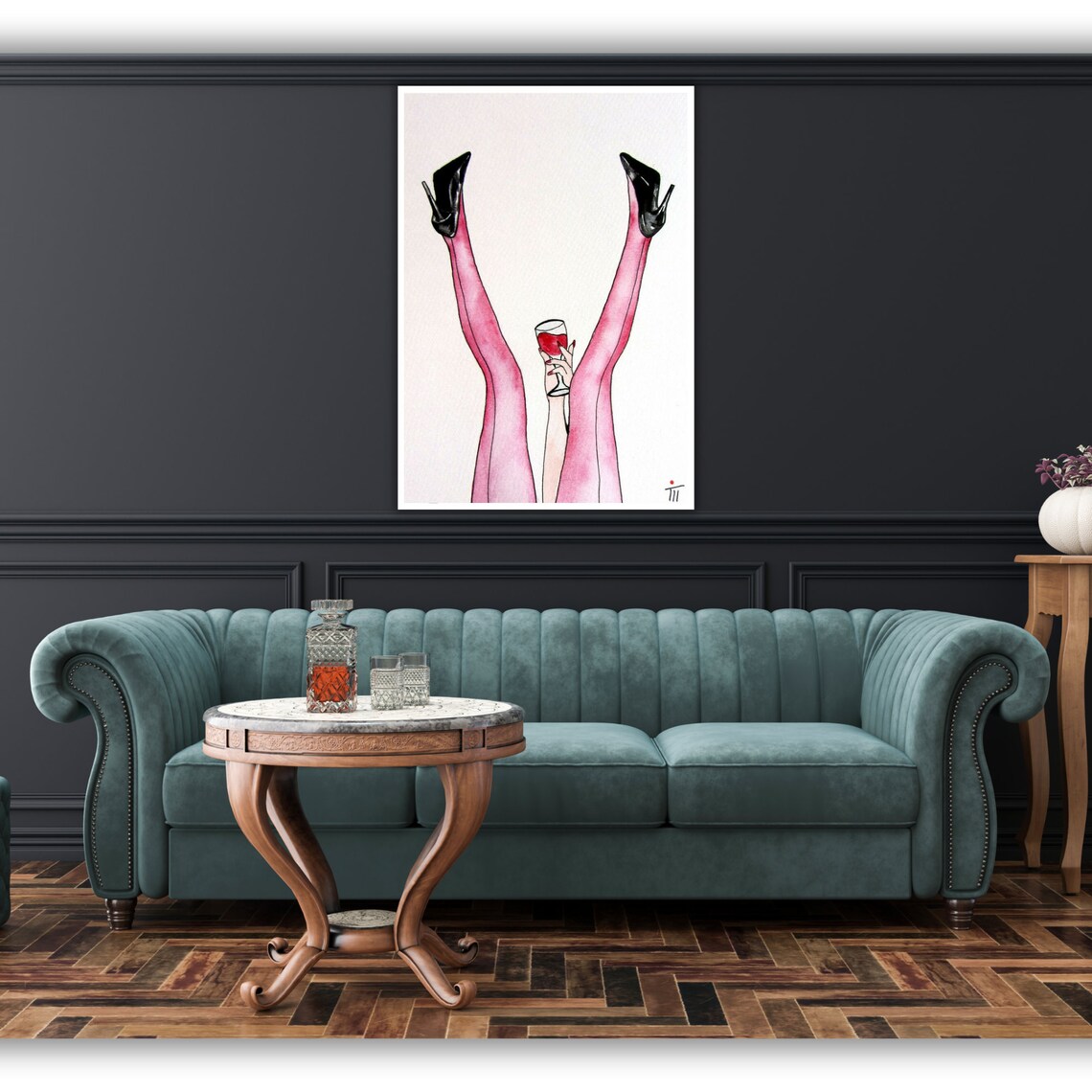 Pink Stockings Legs Heels Wine Glass Whimsical Watercolor Art Wall Poster - Image 3