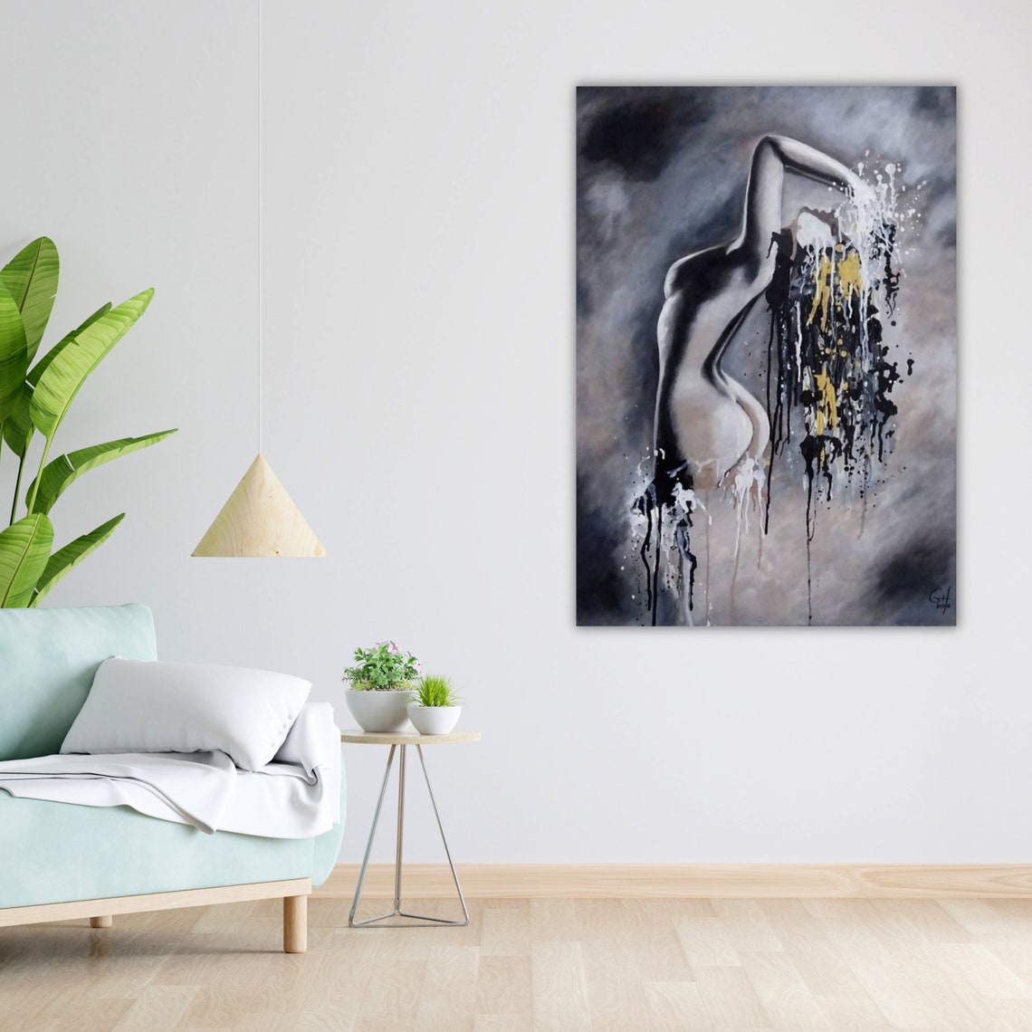 Monochrome Female Torso Gold Black Paint Drip Abstract Art Poster - Image 4