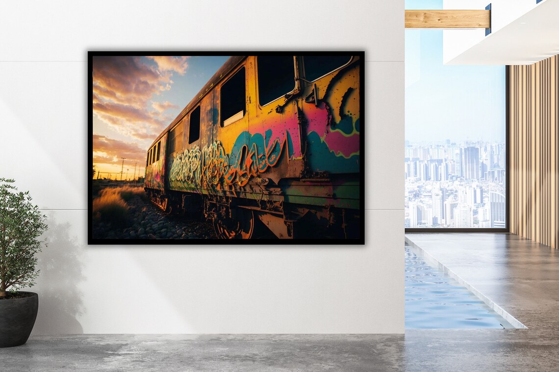 Graffiti Train Cars Sunset Golden Hour Urban Street Photo Poster - Image 2