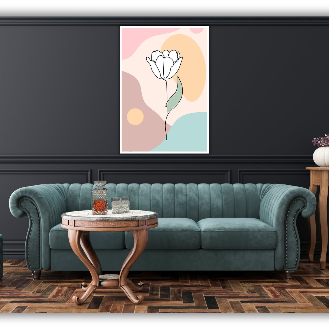 Minimalist Tulip Line Art Pastel Waves Modern Floral Decor Poster - Image 2